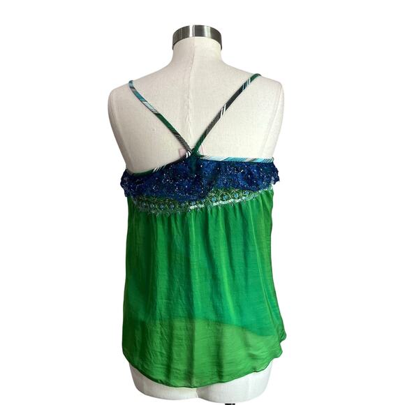 Y2K Free People Boho Hippie Teal and Green Silk Embroidered Tank Top Size 8 - Picture 3 of 11